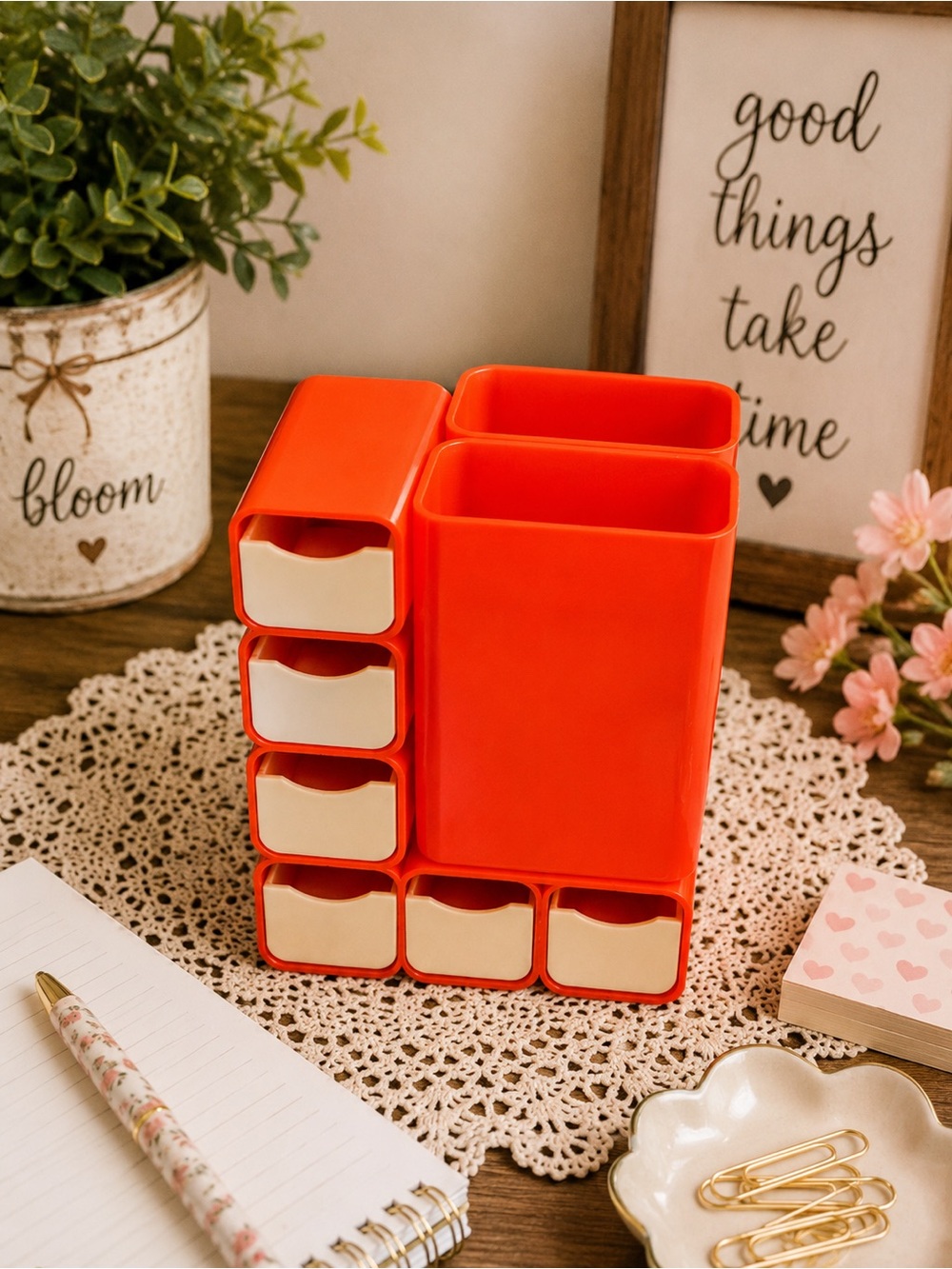 Source Unknown Orange and Cream Vintage Desk Pencil Box Organizer